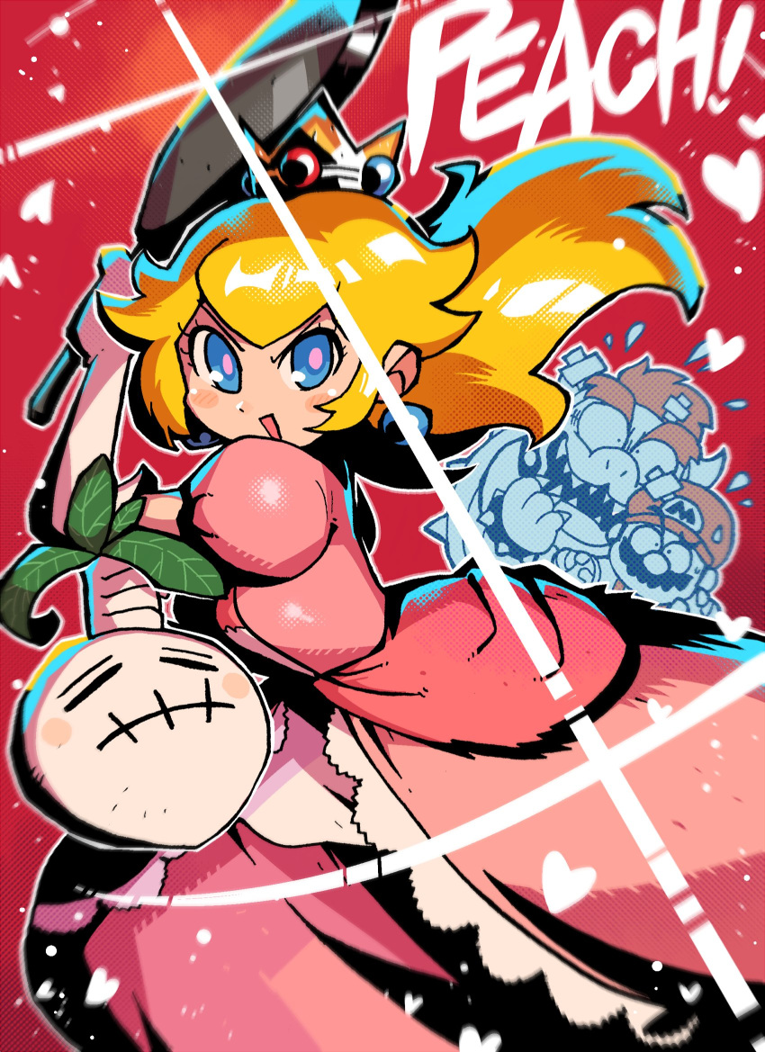 1girl 2boys :d blonde_hair blue_eyes blush_stickers bowser commentary dress earrings english_commentary floating_hair frying_pan highres holding jewelry long_dress long_hair mario super_mario_bros. multiple_boys open_mouth pink_dress pink_pupils princess_peach puffy_short_sleeves puffy_sleeves rariatto_(ganguri) short_sleeves smile