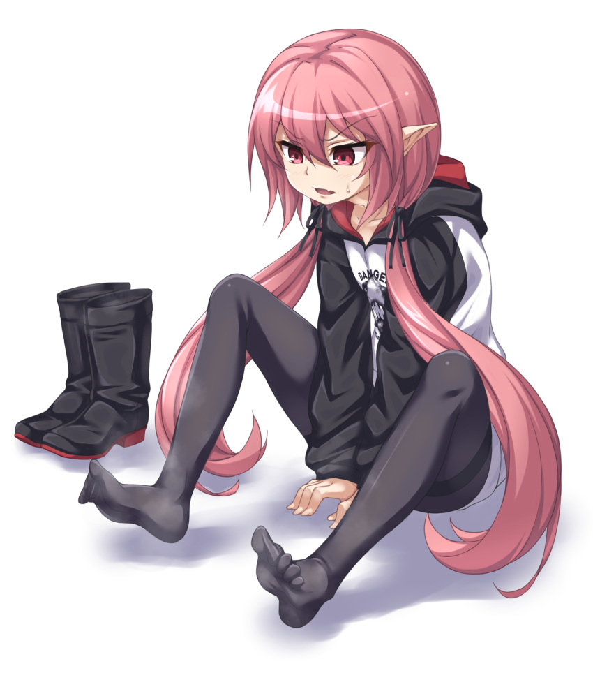 1girl black_footwear black_legwear black_sleeves boots boots_removed commentary_request eyebrows_visible_through_hair fang hair_between_eyes highres hood hoodie krul_tepes kyuutou_(kyuutouryuu) long_sleeves owari_no_seraph pantyhose pointy_ears raglan_sleeves red_eyes shadow sitting skin_fang solo two-tone_jacket v-shaped_eyebrows white_background