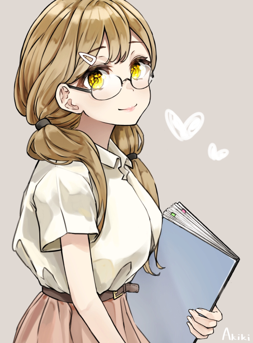 1girl akiki_(kiki) artist_name bangs belt black-framed_eyewear book breasts brown_belt brown_hair collared_shirt cowboy_shot eyebrows_visible_through_hair facing_to_the_side glasses grey_background hair_ornament hairclip heart highres holding kunikida_hanamaru long_hair looking_at_viewer love_live! love_live!_school_idol_project love_live!_sunshine!! low_twintails medium_breasts orange_skirt round_eyewear shirt short_sleeves skirt smile solo tied_hair twintails yellow_eyes