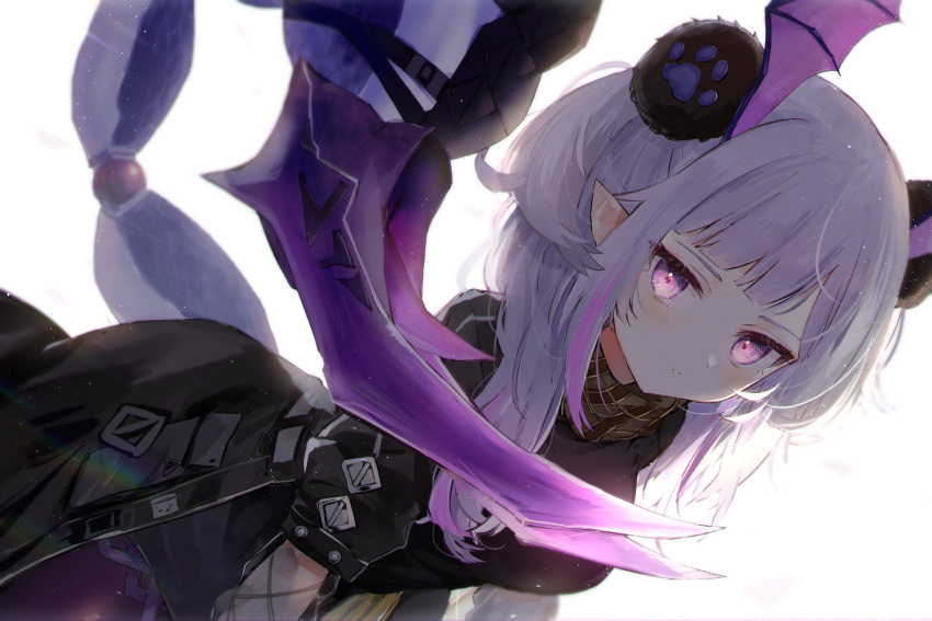 1girl arknights backlighting bent_over black_jacket commentary head_wings highres jacket looking_at_viewer manticore_(arknights) manticore_(invisible_dirge)_(arknights) monster_girl multicolored_hair official_alternate_costume paw_print pointy_ears purple_hair scarf scorpion_tail simple_background solo streaked_hair tail toufu_mentaru_zabuton violet_eyes white_background