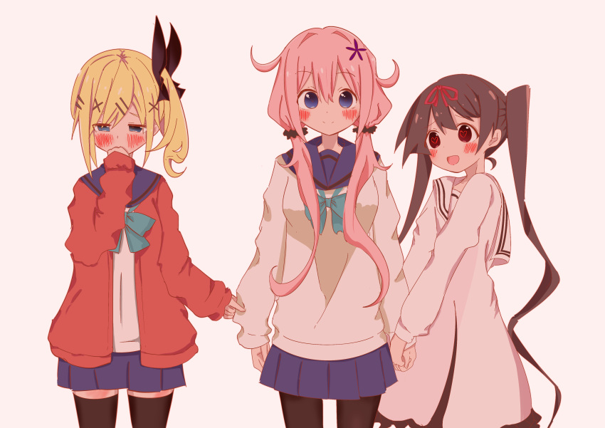 3girls absurdres blazer blonde_hair blue_eyes blush bow brown_hair commentary cross_hair_ornament flower hair_bow hair_flower hair_ornament hair_ribbon hairclip hand_to_own_mouth heart heart-shaped_pupils highres holding_hands jacket jealous jinyama left_out long_hair looking_at_another looking_at_viewer midori_hemo multiple_girls nukui_hayu ochikobore_fruit_tart open_mouth pink_hair red_eyes ribbon sakura_ino school_uniform scrunchie simple_background skirt sleeve_pull smile symbol-shaped_pupils thigh-highs twintails very_long_hair white_background yuri zettai_ryouiki