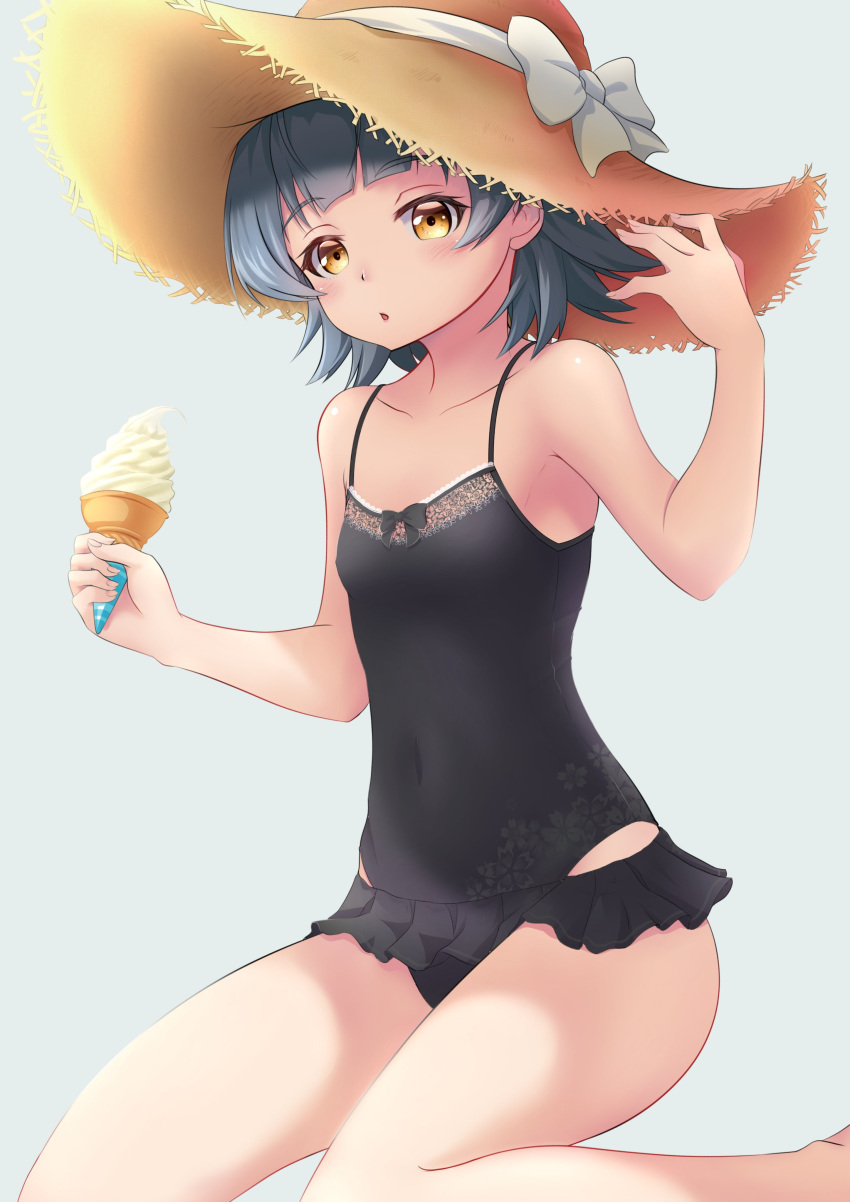 1girl absurdres arare_(kantai_collection) bangs black_hair black_swimsuit blunt_bangs brown_eyes casual_one-piece_swimsuit collarbone commentary_request eyebrows_visible_through_hair flat_chest food grey_background hat highres ice_cream kantai_collection looking_at_viewer makura_(user_jpmm5733) one-piece_swimsuit short_hair simple_background sitting soft_serve solo straw_hat sun_hat swimsuit swimsuit_skirt wariza