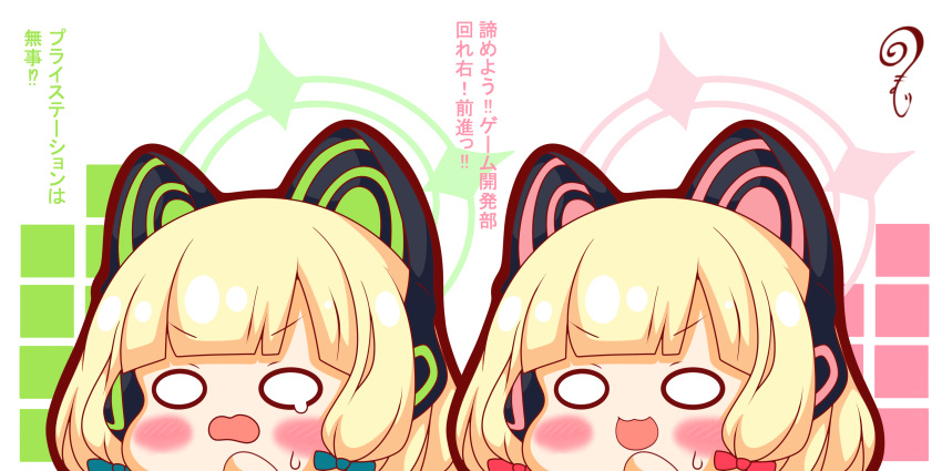 2girls :d absurdres animal_ears bangs blonde_hair blue_archive blush_stickers bow cat_ear_headphones chestnut_mouth chibi eyebrows_visible_through_hair fake_animal_ears green_bow hair_bow hand_up headphones highres kurukurumagical midori_(blue_archive) momoi_(blue_archive) multiple_girls open_mouth red_bow sidelocks smile sweat teardrop translation_request twintails v-shaped_eyebrows wavy_mouth white_background