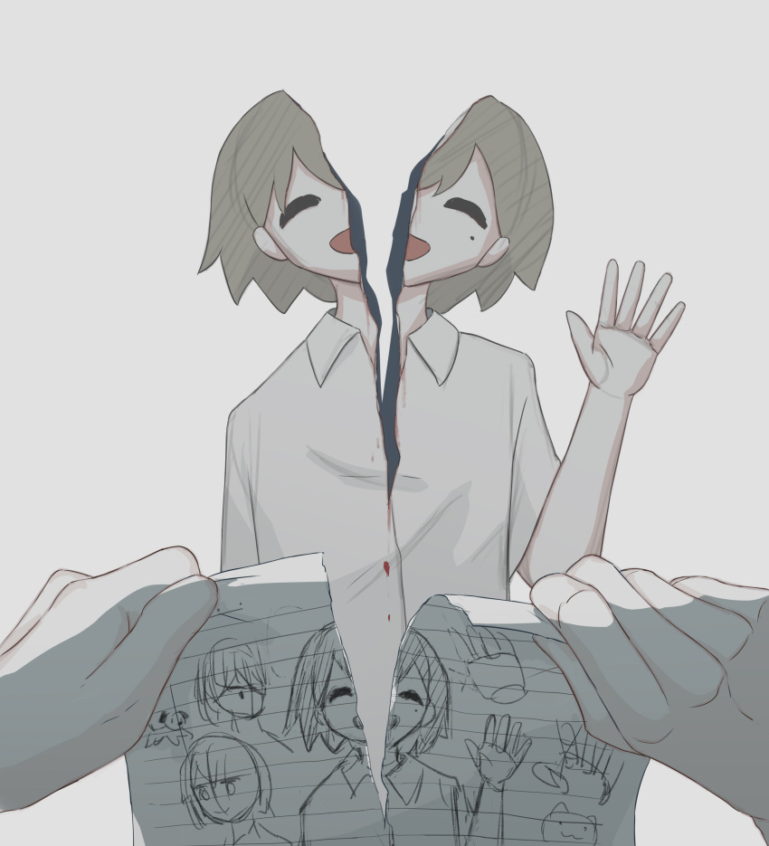 1boy :d absurdres avogado6 bleeding blood collared_shirt drawing facing_viewer grey_hair hand_up highres mole mole_under_eye open_mouth original paper pov pov_hands shirt simple_background smile solo_focus tearing_paper waving white_background white_shirt wing_collar
