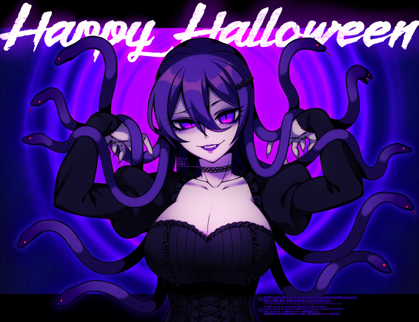 1girl bangs breasts collarbone commentary_request dated doki_doki_literature_club fangs hair_between_eyes hair_ornament hairclip halloween hands_up happy_halloween highres juliet_sleeves large_breasts letterboxed lipstick long_hair long_sleeves looking_at_viewer makeup nan_(gokurou) puffy_sleeves purple_hair purple_lipstick slit_pupils snake_hair solo upper_body violet_eyes watermark yuri_(doki_doki_literature_club)