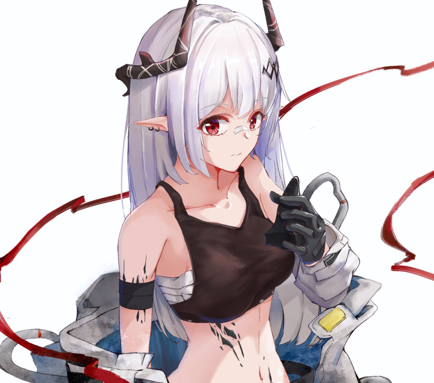 1girl arknights armband bangs bare_shoulders black_gloves breasts collarbone commentary crop_top earrings eyebrows_visible_through_hair gloves hanafurashi highres horns jewelry long_hair looking_at_viewer medium_breasts midriff mudrock_(arknights) navel oripathy_lesion_(arknights) pointy_ears red_eyes sarashi silver_hair simple_background solo sports_bra stomach upper_body white_background