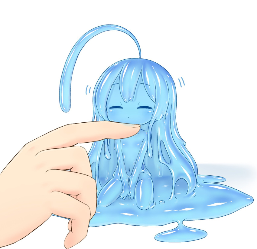 1girl 1other ahoge between_legs blue_hair blue_skin closed_eyes closed_mouth curss dot_mouth flat_chest hand_between_legs highres huge_ahoge long_hair minigirl monster_girl motion_lines navel no_nipples original petting sitting slime_girl very_long_hair wide_face