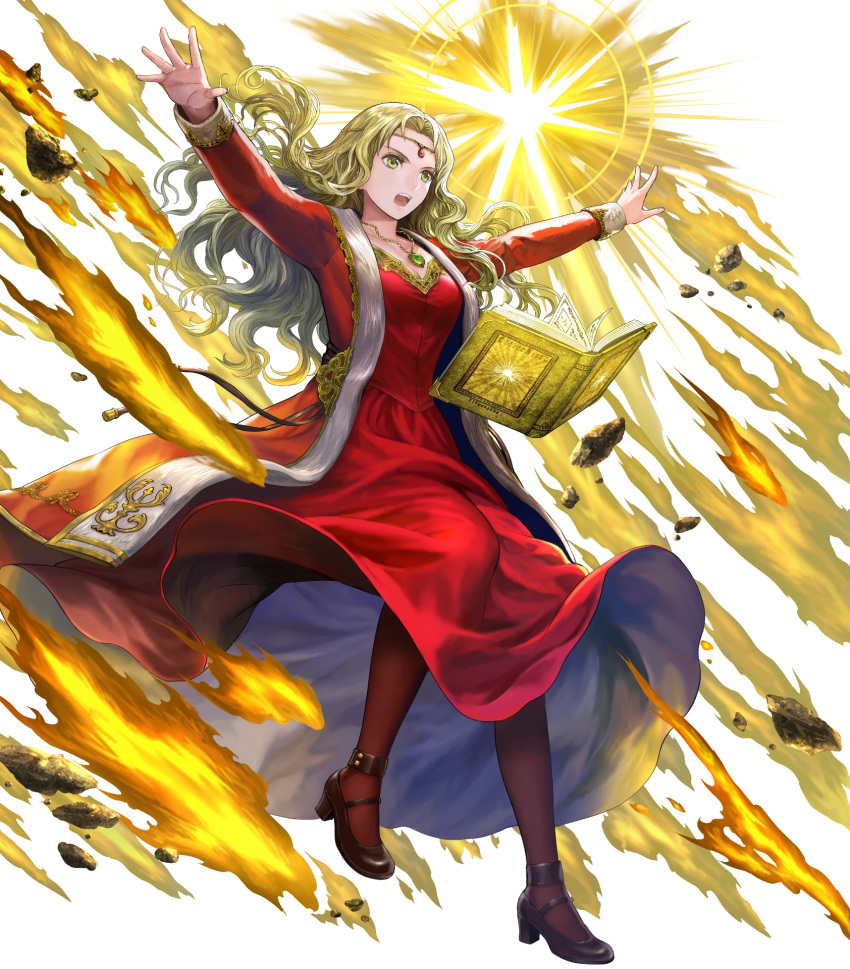 1girl asatani_tomoyo bangs black_footwear black_legwear blonde_hair book breasts circlet detached_sleeves dress fire_emblem fire_emblem:_the_binding_blade fire_emblem_heroes floating floating_object full_body green_eyes guinevere_(fire_emblem) highres jewelry long_dress long_hair long_skirt long_sleeves medium_breasts necklace official_art open_book open_mouth outstretched_arms pantyhose parted_bangs red_dress shiny shiny_hair simple_background skirt solo spread_arms transparent_background