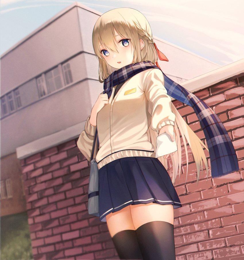 1girl absurdres ame_816 bag black_legwear blonde_hair blue_eyes blue_scarf bookbag bow braid brick_wall building day hair_between_eyes hair_bow highres holding holding_letter jacket letter long_sleeves medium_hair outdoors plaid plaid_scarf scarf school_uniform skirt standing thigh-highs winter