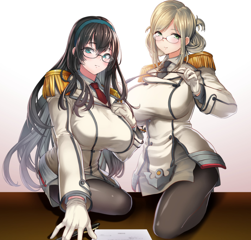 2girls absurdres bangs black_hair black_legwear black_neckwear black_skirt blue_eyes blue_hairband breasts collared_shirt commentary_request cosplay double-breasted effort_star epaulettes folded_ponytail glasses gloves green_eyes hairband highres holding holding_pointer huge_breasts kantai_collection katori_(kantai_collection) katori_(kantai_collection)_(cosplay) light_brown_hair long_hair long_sleeves military military_uniform multiple_girls necktie ooyodo_(kantai_collection) pantyhose paper parted_bangs pen pencil_skirt pointer red_neckwear rimless_eyewear shirt skirt smile uniform white_gloves
