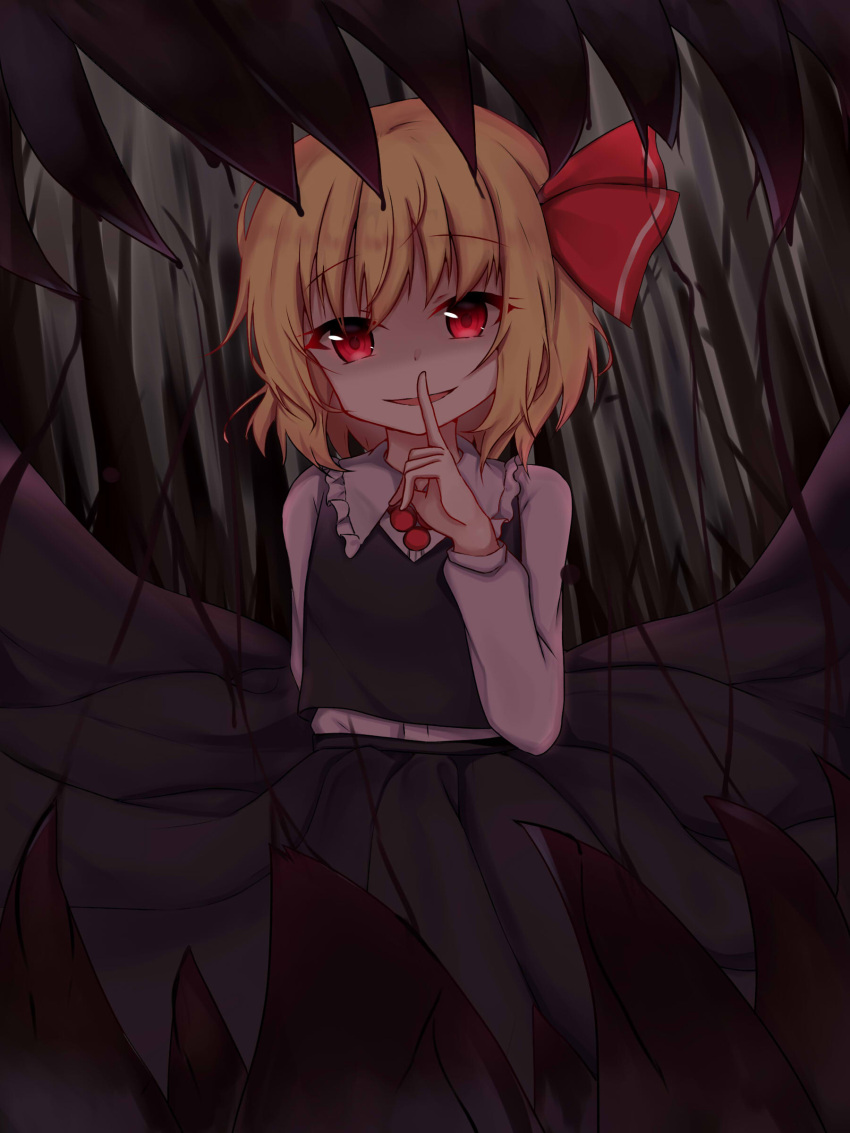 1girl absurdres arm_behind_back bangs black_skirt black_vest blonde_hair collared_shirt dark eyebrows_visible_through_hair finger_to_mouth hair_ribbon hanen_(borry) highres long_sleeves looking_at_viewer red_eyes red_neckwear red_ribbon ribbon rumia shaded_face shirt short_hair skirt solo standing touhou vest white_shirt