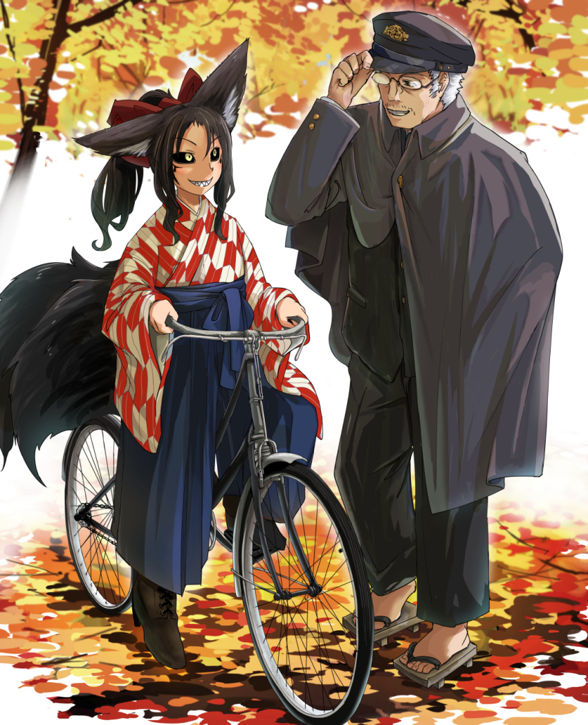 1boy 1girl animal_ears autumn_leaves bicycle black_eyes black_hair black_sclera blue_hakama bow doitsuken fox_ears fox_tail geta glasses grey_hair ground_vehicle hair_bow hakama hat highres jacket japanese_clothes kitsune kitsune_spirit_(doitsuken) long_sleeves multiple_tails original police police_uniform ponytail red_bow riding_bicycle sharp_teeth smile tail taishou teeth tree uniform wide_sleeves yellow_eyes