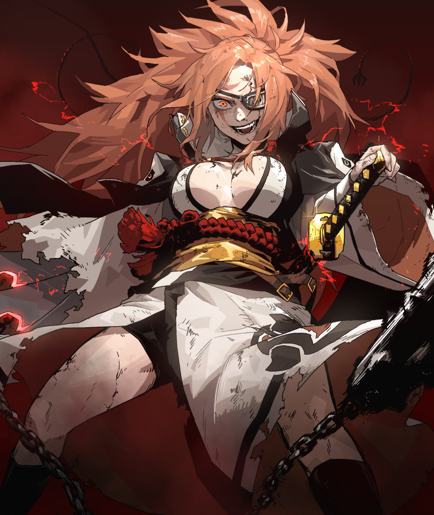 1girl :d absurdres baiken big_hair bike_shorts black_legwear breasts breasts_apart bruise bruise_on_face crazy_eyes crazy_smile dirty dirty_clothes eyepatch feet_out_of_frame gogalking guilty_gear guilty_gear_xrd highres injury japanese_clothes katana kimono large_breasts legs_apart long_hair long_sleeves looking_at_viewer obi one_eye_covered open_mouth orange_eyes orange_hair red_background sash scabbard sheath sheathed smile socks solo spiked_mace standing sword tassel torn_clothes weapon wide_sleeves