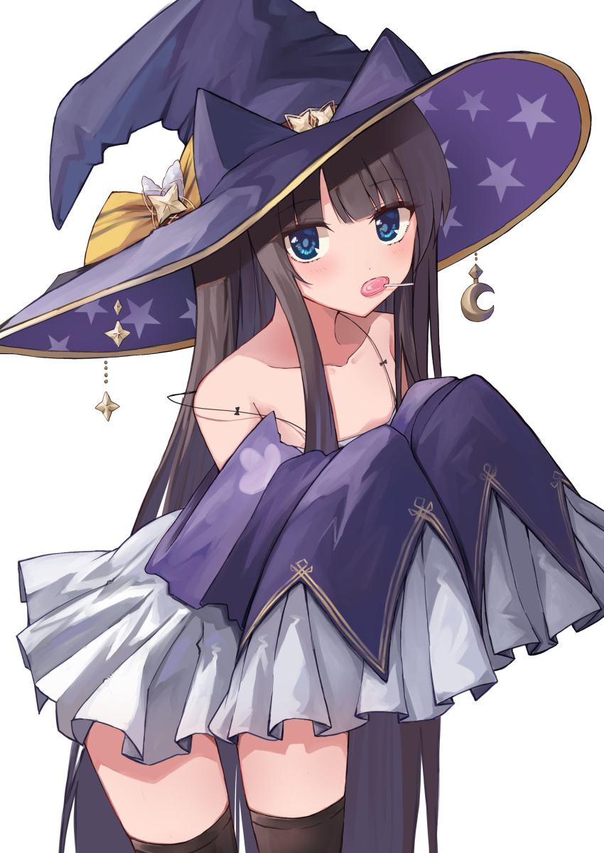 1girl absurdres alternate_costume azur_lane bangs bare_shoulders black_legwear blunt_bangs blush bow brown_hair camisole candy collarbone crescent detached_sleeves eyebrows_visible_through_hair food hat hat_bow hat_ornament highres leaning_forward lollipop long_hair long_island_(azur_lane) long_sleeves looking_at_viewer misonikomi mouth_hold purple_headwear simple_background sleeves_past_fingers sleeves_past_wrists solo spaghetti_strap straight_hair strap_slip thigh-highs very_long_hair white_background witch_hat yellow_bow