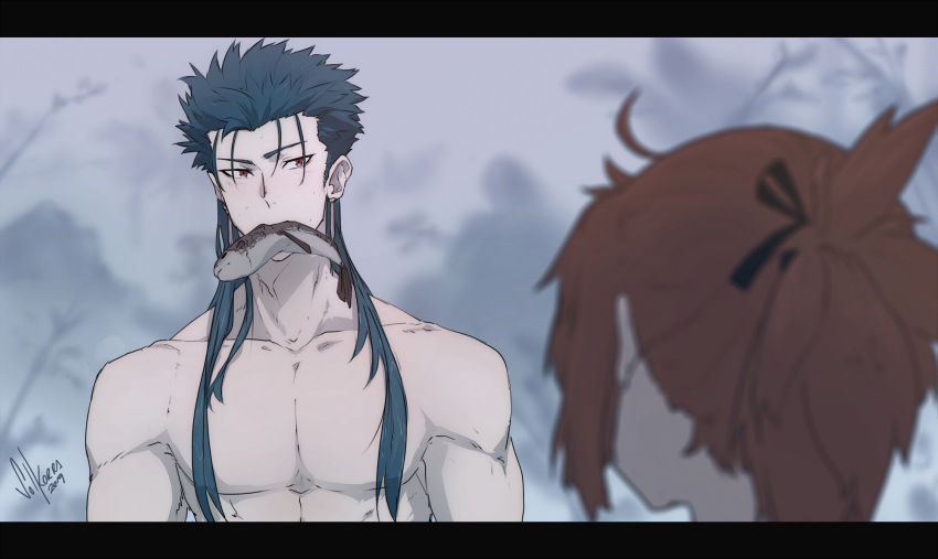 1boy 1girl alternate_hairstyle bare_shoulders blue_eyes collarbone cu_chulainn_(fate)_(all) dated fate/grand_order fate/stay_night fate_(series) fish fog fujimaru_ritsuka_(female) hair_ribbon highres lancer long_hair looking_at_another mouth_hold muscle orange_hair outdoors pectorals ponytail red_eyes ribbon shirtless signature solkorra spiky_hair