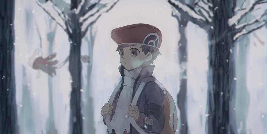 1boy backpack bag bare_tree blurry blurry_background breath cold day hat highres holding_strap jacket long_sleeves lucas_(pokemon) male_focus moji_(ld_ipx) outdoors pokemon pokemon_(game) pokemon_dppt pokemon_platinum red_headwear scarf snow snowing symbol_commentary tree white_scarf