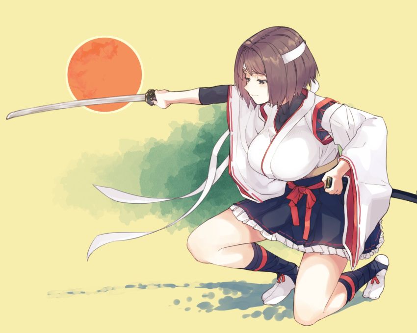 1girl bitchcraft123 black_skirt blush breasts brown_eyes brown_hair closed_mouth highres holding holding_sword holding_weapon hyuuga_(kantai_collection) japanese_clothes kantai_collection katana large_breasts long_sleeves nontraditional_miko pleated_skirt remodel_(kantai_collection) short_hair skirt solo sword tabi weapon wide_sleeves