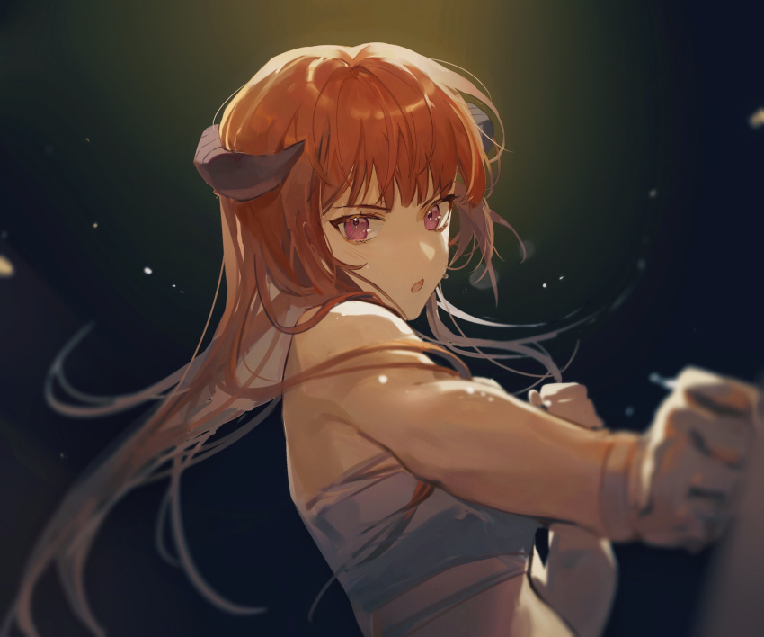 1girl arknights bagpipe_(arknights) bandeau bangs bare_arms bare_shoulders chinese_commentary commentary_request highres horns long_hair looking_at_viewer midriff orange_hair parted_lips qinglai_haiji solo strapless tubetop upper_body violet_eyes