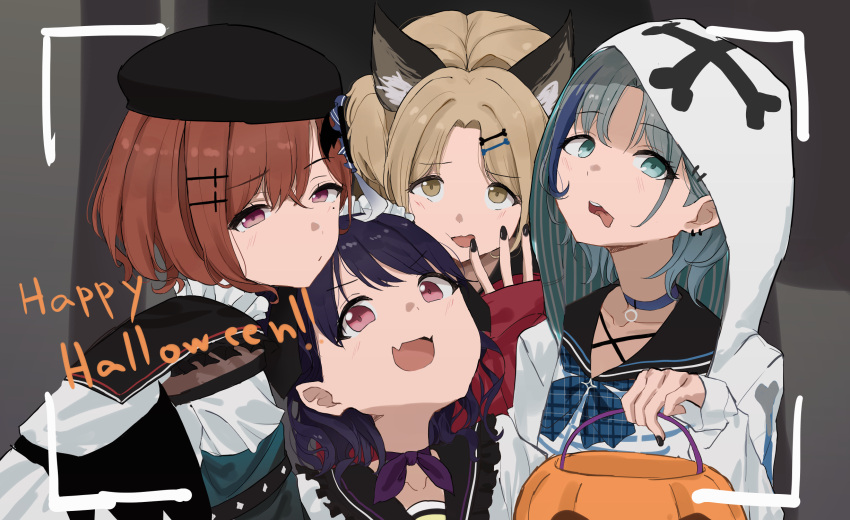 4girls animal_ears artist_request asakura_tooru bat_hair_ornament beret black_hair black_nails brown_eyes brown_hair choker commentary_request fangs frilled_shirt_collar frills fukumaru_koito green_eyes green_hair hair_ornament hairclip halloween_bucket halloween_costume hat highres higuchi_madoka hood hooded_jacket ichikawa_hinana idolmaster idolmaster_shiny_colors jacket light_brown_hair long_hair looking_at_viewer mole mole_under_eye multiple_girls nail_polish noctchill_(idolmaster) sailor_collar short_hair skin_fangs tongue tongue_out twintails violet_eyes wolf_ears