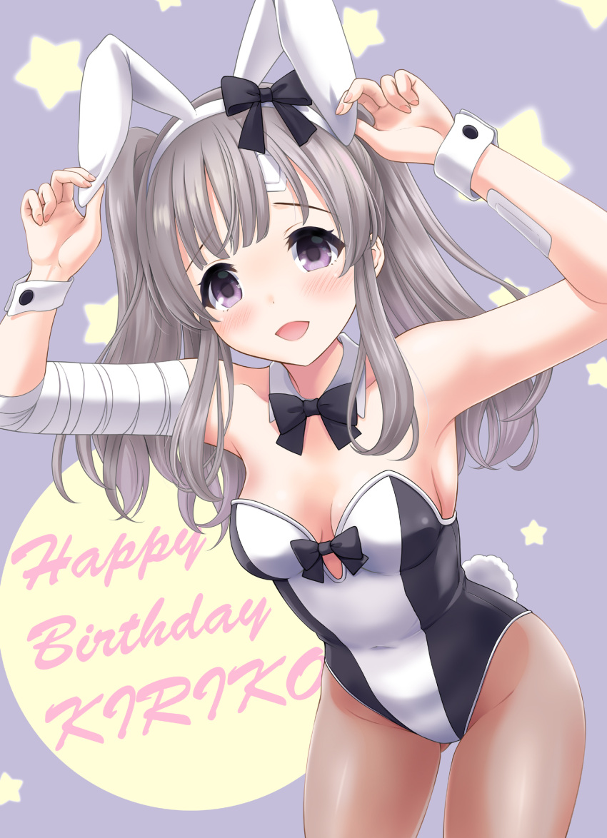 1girl :d animal_ears arms_up bangs bare_shoulders black_bow blush bow brown_legwear character_name collar collarbone commentary_request detached_collar eyebrows_visible_through_hair fake_animal_ears grey_hair hairband happy_birthday highres holding_ears idolmaster idolmaster_shiny_colors leaning_forward long_hair looking_at_viewer neko_danshaku open_mouth pantyhose purple_background rabbit_ears smile solo starry_background twintails violet_eyes white_collar white_hairband wing_collar wrist_cuffs yuukoku_kiriko