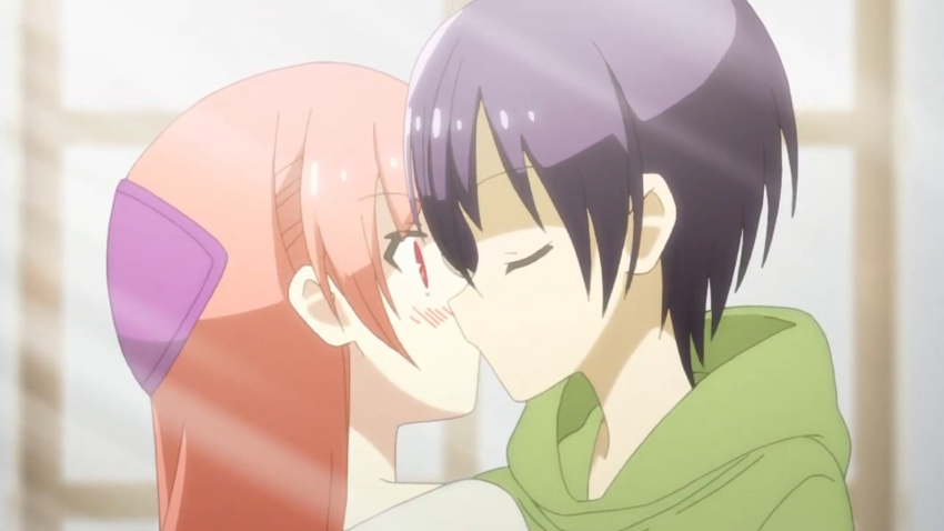 1boy 1girl blush couple kiss married pink_hair purple_hair tonikaku_kawaii