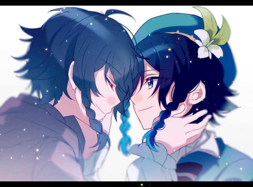 2boys ahoge beret black_hair blue_eyes blue_hair blurry bow braid brown_robe closed_eyes closed_mouth commentary depth_of_field dual_persona eyebrows_visible_through_hair film_grain flower genshin_impact gradient_hair green_headwear hand_on_another's_cheek hand_on_another's_face hat hat_flower kouzuki_(kuzk_0512) letterboxed light_particles long_sleeves looking_at_another male_focus multicolored_hair multiple_boys puffy_sleeves robe sideways_mouth smile spoilers striped striped_bow time_paradox twin_braids venti_(genshin_impact) younger