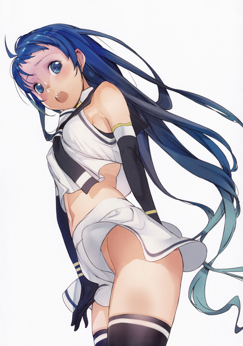 1girl absurdres ahoge bangs between_legs black_legwear blue_eyes blue_hair blush branch_(blackrabbits) covering covering_crotch elbow_gloves embarrassed gloves gradient_hair hand_between_legs highres kantai_collection long_hair looking_at_viewer looking_down multicolored_hair no_panties open_mouth sailor_collar samidare_(kantai_collection) scan shirt skirt skirt_tug sleeveless sleeveless_shirt solo standing swept_bangs thigh-highs very_long_hair white_serafuku