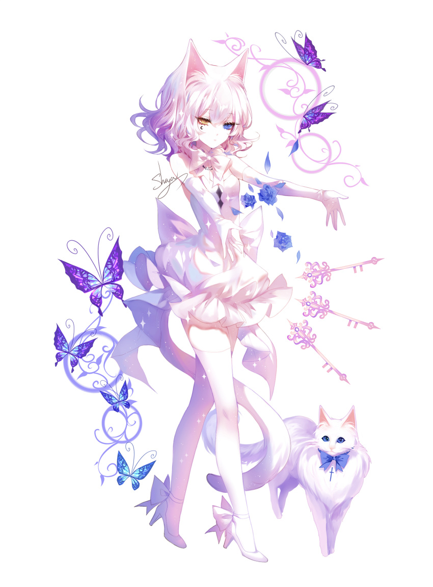 1girl animal_ears bare_shoulders blue_eyes blue_flower blue_rose bug butterfly cat cat_ears cat_girl cat_tail dress elbow_gloves facial_mark flower full_body gloves heterochromia highres insect key original outstretched_arms outstretched_hand pale_skin rose sheya short_hair simple_background sleeveless sleeveless_dress solo tail thigh-highs wavy_hair white_background white_cat white_dress white_legwear yellow_eyes