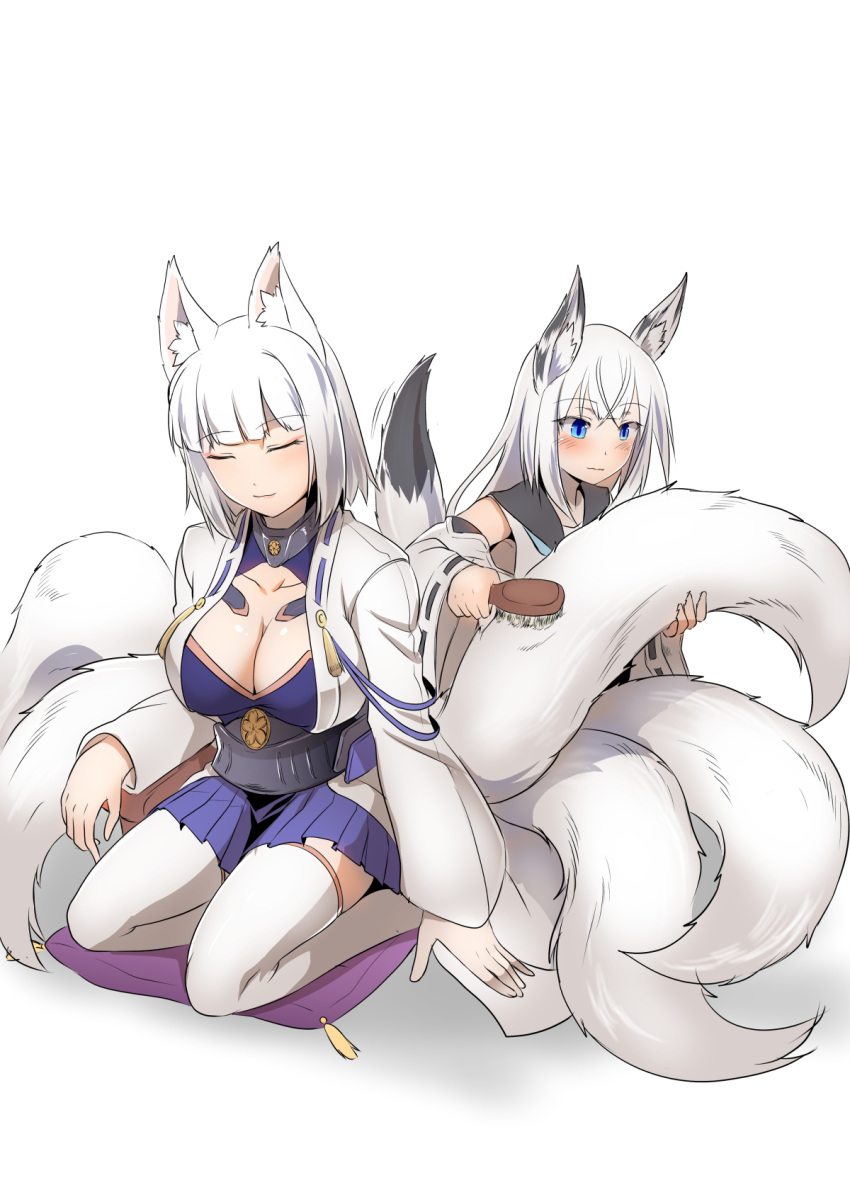 2girls animal_ears azur_lane black_sailor_collar blue_eyes blue_neckwear breasts brush brushing commentary_request eyeliner eyeshadow fox_ears fox_girl fox_tail hair_brush highres holding holding_brush japanese_clothes kaga_(azur_lane) kawakaze_(azur_lane) kimono kitsune large_breasts long_hair makeup multiple_girls multiple_tails neckerchief revision ribbon-trimmed_clothes ribbon-trimmed_sleeves ribbon_trim sailor_collar short_hair simple_background steed_(steed_enterprise) tail tail_brushing white_background white_kimono wide_sleeves