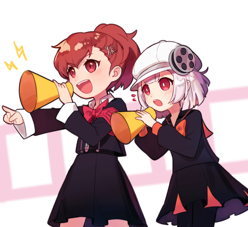 2girls :d :o armband bright_pupils brown_hair byoru cabbie_hat eyebrows flying_sweatdrops gekkoukan_high_school_uniform hat hikari_(pq2) lightning_bolt long_sleeves medium_hair megaphone multiple_girls open_mouth pantyhose persona persona_q2:_new_cinema_labyrinth pleated_skirt pointing ponytail red_armband red_eyes ribbon school_uniform serafuku shiomi_kotone short_hair skirt smile upper_teeth white_hair white_headwear white_pupils