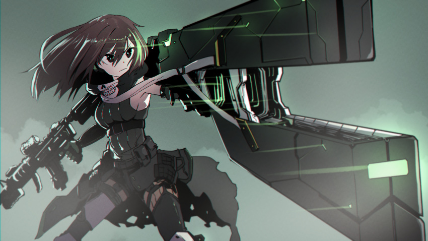 1girl absurdres assault_rifle bangs closed_mouth clothes_around_waist cowboy_shot dual_wielding einheadt energy_cannon english_commentary girls_frontline green_hair gun hair_between_eyes highres holding holding_gun holding_weapon huge_filesize jacket jacket_around_waist knee_pads long_hair looking_at_viewer m4_carbine m4a1_(girls_frontline) mod3_(girls_frontline) multicolored_hair rifle scarf serious solo streaked_hair torn_jacket weapon
