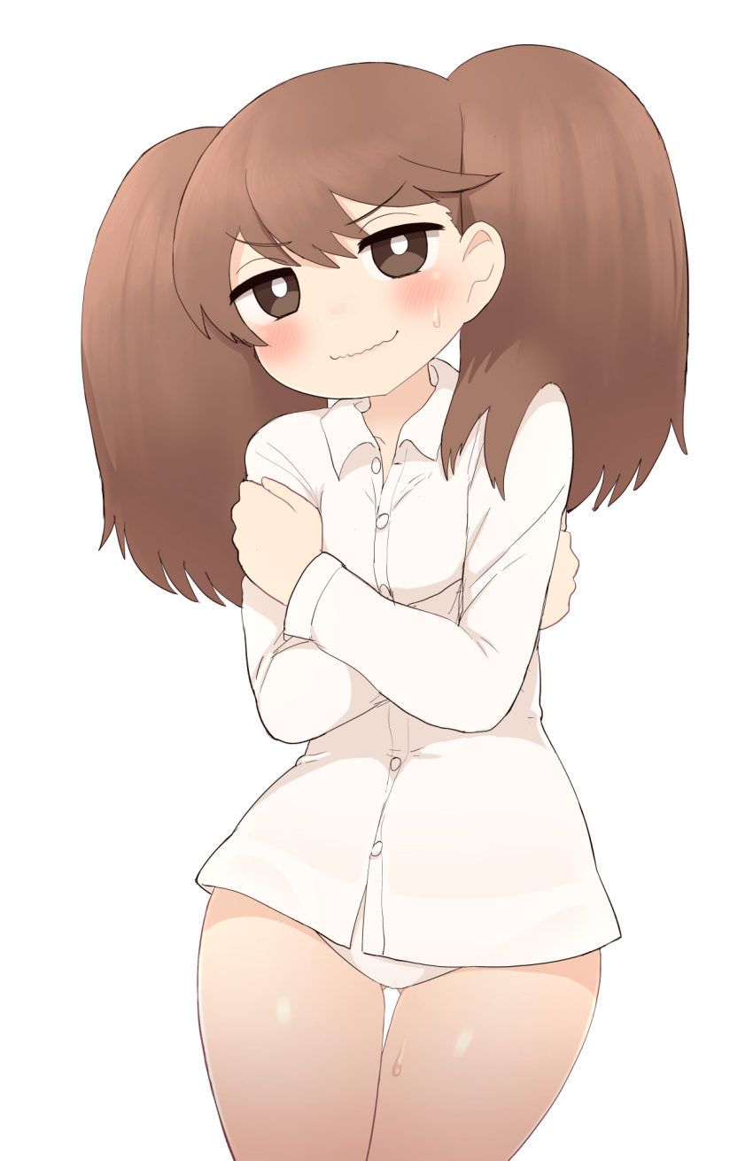 1girl bangs blush brown_eyes brown_hair closed_mouth dress_shirt eyebrows_visible_through_hair highres kantai_collection long_hair long_sleeves panties ryuujou_(kantai_collection) shirt simoyuki simple_background solo sweat twintails underwear wavy_mouth white_background white_panties white_shirt