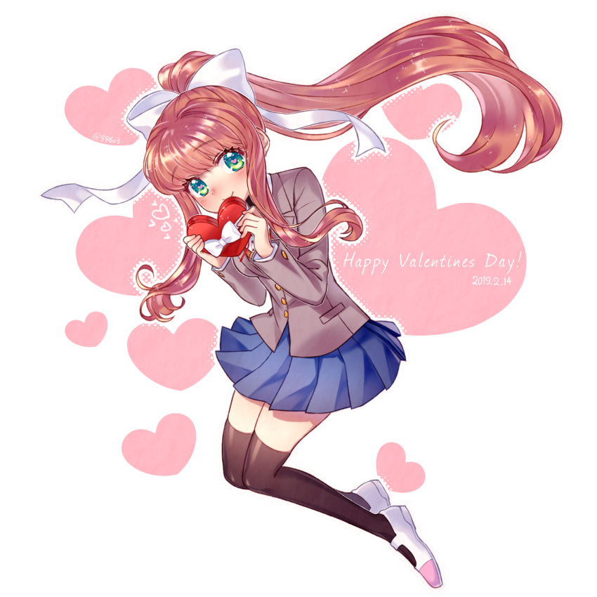 1girl bangs black_legwear blue_skirt blunt_bangs blush box brown_hair commentary_request dated doki_doki_literature_club eyebrows_visible_through_hair full_body green_eyes grey_jacket hair_ribbon happy_valentine heart heart-shaped_box heart_background highres jacket long_hair long_sleeves looking_at_viewer mary_janes monika_(doki_doki_literature_club) nan_(gokurou) pleated_skirt ponytail ribbon school_uniform shoes sidelocks simple_background skirt smile solo thigh-highs twitter_username valentine white_background white_ribbon zettai_ryouiki