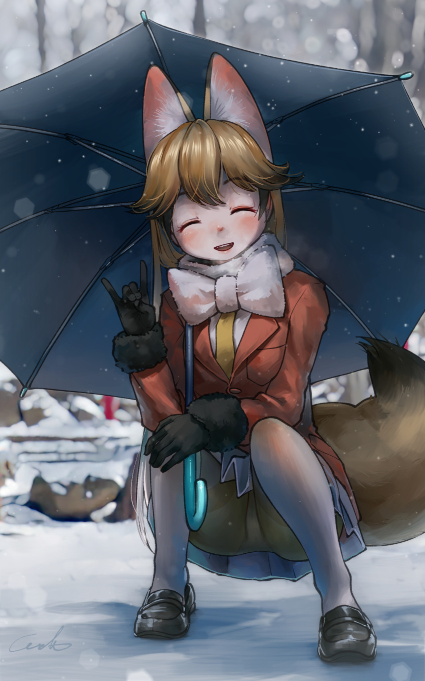 1girl :d ^_^ absurdres animal_ear_fluff animal_ears black_footwear black_gloves blonde_hair bow bowtie closed_eyes coat commentary ezo_red_fox_(kemono_friends) facing_viewer fox_ears fox_girl fox_shadow_puppet fox_tail full_body fur-trimmed_sleeves fur_trim gloves gradient_hair highres kemono_friends long_hair long_sleeves multicolored_hair necktie open_mouth orange_coat outdoors pantyhose shoes skirt smile snow snowing solo squatting tail umbrella very_long_hair welt_(kinsei_koutenkyoku) white_bow white_hair white_legwear white_neckwear white_skirt yellow_neckwear