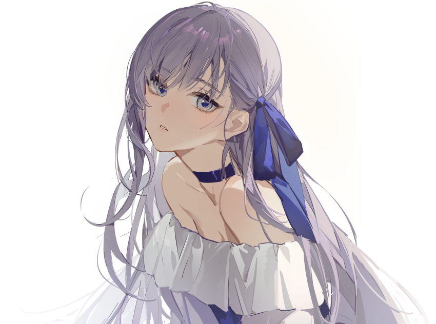 absurdres bangs bare_shoulders blue_ribbon character_request choker collarbone commentary_request eyebrows_visible_through_hair fate/grand_order fate_(series) hair_between_eyes hair_ornament hair_ribbon highres long_hair looking_at_viewer meltryllis meltryllis_(swimsuit_lancer)_(fate) parted_lips purple_choker purple_hair ribbon simple_background upper_body very_long_hair white_background zhibuji_loom