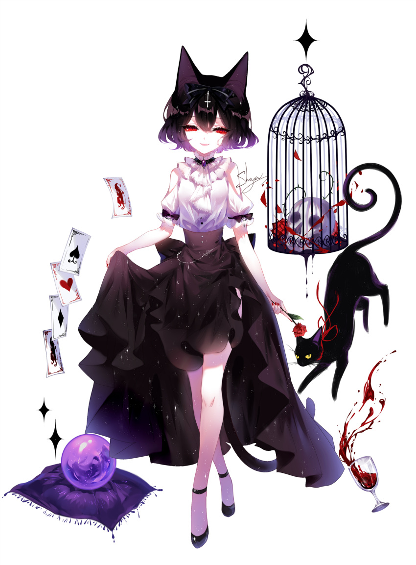 1girl animal_ears artist_name bangs bare_arms bare_shoulders birdcage black_cat black_hair black_skirt cage card cat cat_ears clothing_cutout commentary crossed_legs crystal_ball full_body hair_between_eyes highres original red_eyes sheya shirt short_hair shoulder_cutout signature simple_background skirt skirt_hold skull solo standing watson_cross white_background white_shirt