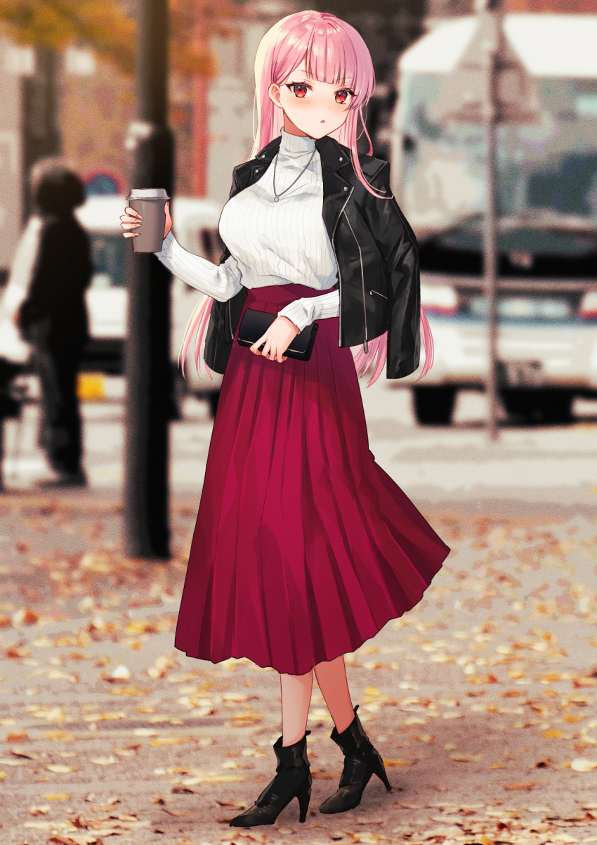 1girl autumn autumn_leaves bangs black_footwear black_jacket blunt_bangs boots breasts car casual coffee_cup commentary_request cup disposable_cup fingernails full_body ground_vehicle high_collar high_heel_boots high_heels highres holding holding_cup holding_wallet hololive hololive_english jacket jewelry kura_noi lamppost large_breasts leather leather_jacket long_skirt looking_at_viewer mori_calliope motor_vehicle necklace outdoors parted_lips pink_hair red_eyes red_skirt skirt solo_focus standing sweater turtleneck turtleneck_sweater wallet white_sweater zipper zipper_pull_tab