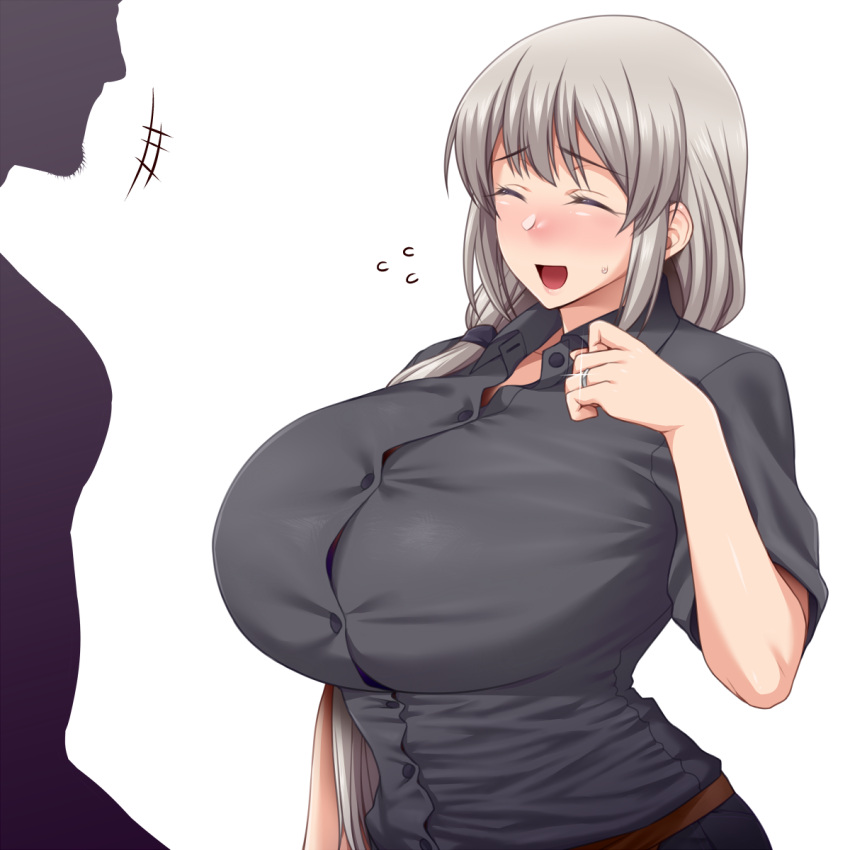 1boy 1girl :d bangs belt black_shirt blush breasts brown_belt collared_shirt commentary_request dress_shirt eyebrows_visible_through_hair facial_hair glint highres huge_breasts jewelry low_tied_hair married mature namidame open_mouth pants ring shiny shirt short_sleeves silhouette silver_hair smile sweatdrop uzaki-chan_wa_asobitai! uzaki_tsuki wedding_band white_background