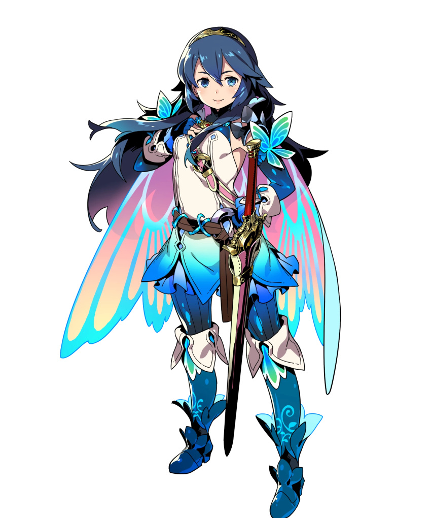 1girl bangs belt blue_bodysuit blue_eyes blue_hair bodysuit bodysuit_under_clothes boots cape closed_mouth detached_sleeves dress falchion_(fire_emblem) fingerless_gloves fire_emblem fire_emblem_awakening fire_emblem_heroes full_body gloves gradient gradient_cape gradient_clothes hand_on_own_chest hands_on_hips highres himukai_yuuji jewelry lips long_hair lucina_(fire_emblem) official_art ribbed_bodysuit sheath shiny shiny_hair shiny_skin short_dress skin_tight solo sword thigh-highs thigh_boots tiara transparent_background weapon