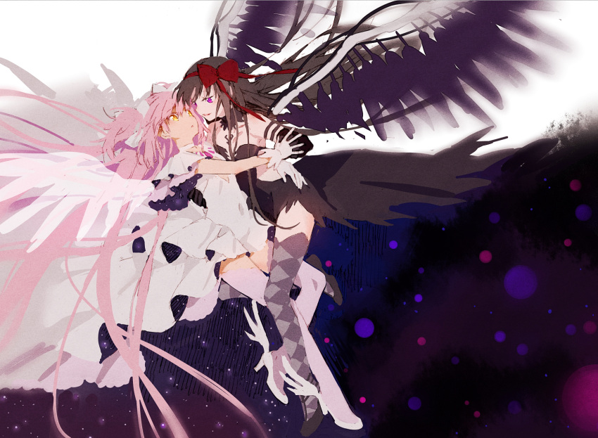 2girls akemi_homura akuma_homura argyle argyle_legwear bare_shoulders between_legs black_dress black_gloves black_hair black_theme black_wings blurry blurry_background breasts choker collarbone covered_navel detached_collar dress elbow_gloves evil_smile eye_contact face-to-face feathered_wings floating floating_hair frilled_sleeves frills full_body gloves goddess_madoka grey_legwear hair_ribbon hakusai_(tiahszld) half-closed_eyes hand_on_another's_waist highres holding_hands interlocked_fingers kaname_madoka layered_dress long_dress long_hair looking_at_another mahou_shoujo_madoka_magica mahou_shoujo_madoka_magica_movie multiple_girls parted_lips pink_hair pink_legwear purple_theme red_ribbon ribbon side-by-side simple_background small_breasts smile strapless strapless_dress thigh-highs transparent_wings two_side_up very_long_hair violet_eyes white_background white_choker white_dress white_footwear white_gloves white_neckwear white_ribbon wide_sleeves winged_footwear wings yellow_eyes yuri zettai_ryouiki
