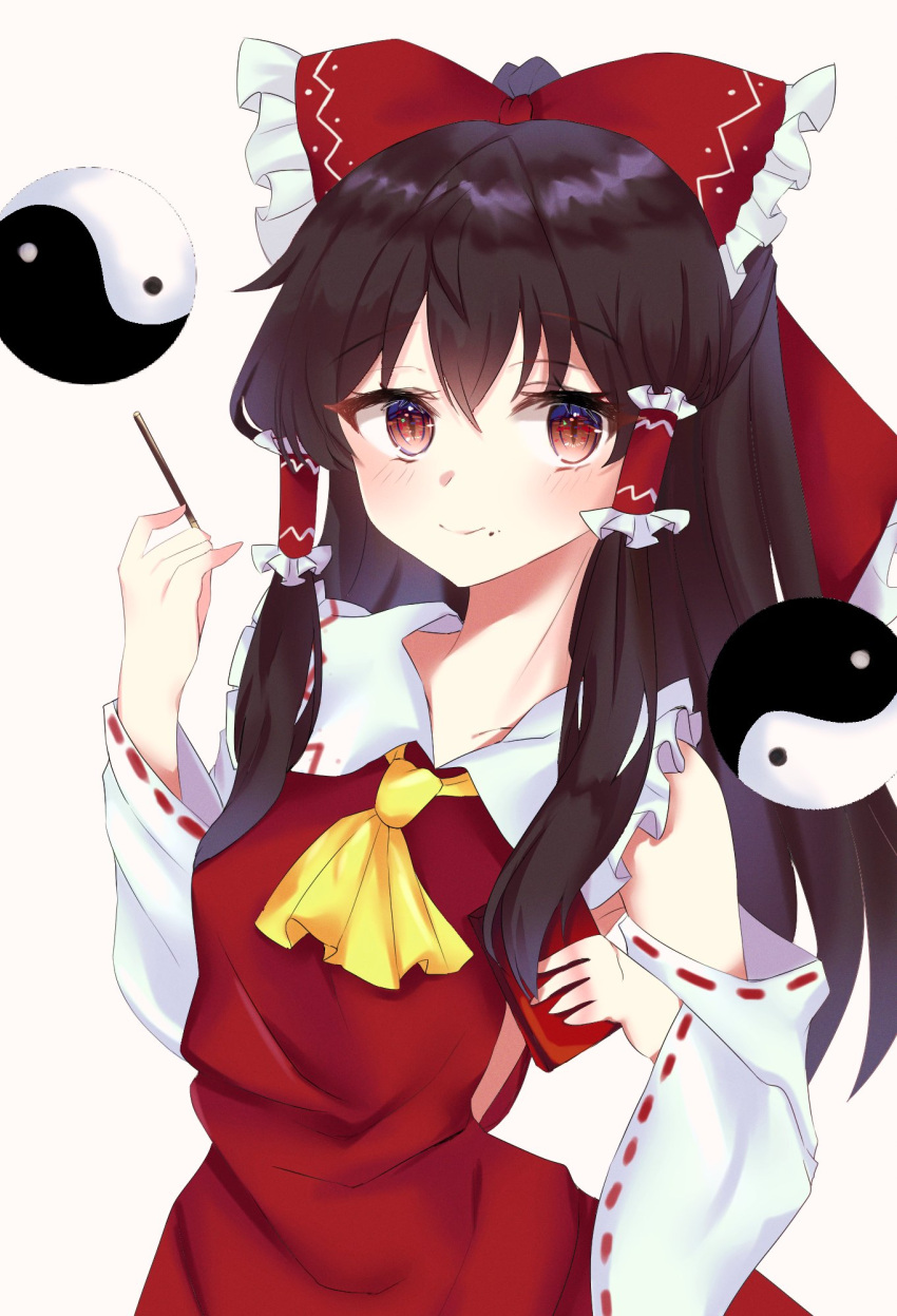 1girl ascot bangs black_hair blush bow brown_eyes closed_mouth detached_sleeves dress eyebrows_visible_through_hair food food_on_face hair_bow hair_tubes hakurei_reimu highres holding holding_food japanese_clothes kitty long_hair looking_at_viewer miko pocky pocky_day red_bow red_dress ribbon-trimmed_sleeves ribbon_trim simple_background smile solo touhou upper_body white_sleeves wide_sleeves yellow_neckwear yin_yang yin_yang_orb