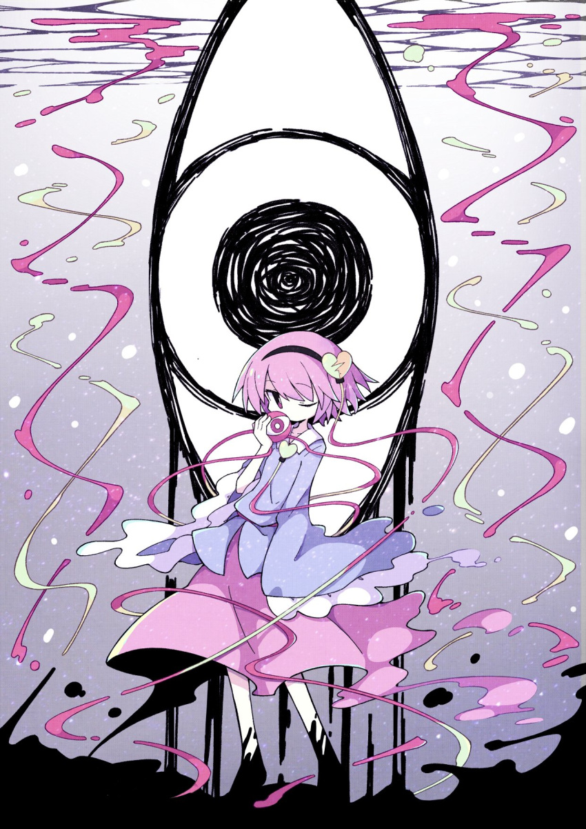 abstract_background asameshi black_hairband blue_shirt bright_pupils broken_heart commentary eyes full_body grey_background hair_ornament hairband hand_up heart heart_hair_ornament highres holding komeiji_satori long_sleeves looking_at_viewer one_eye_closed pink_eyes pink_hair pink_skirt shirt short_hair skirt third_eye touhou water_surface white_pupils wide_sleeves