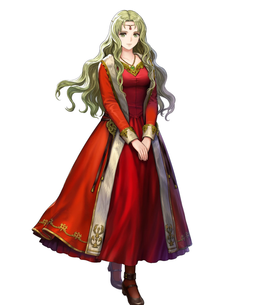 1girl asatani_tomoyo bangs black_footwear black_legwear blonde_hair breasts circlet collarbone detached_sleeves dress fire_emblem fire_emblem:_the_binding_blade fire_emblem_heroes full_body green_eyes guinevere_(fire_emblem) hands_together highres jewelry long_dress long_hair long_skirt long_sleeves looking_at_viewer medium_breasts necklace official_art pantyhose parted_bangs red_dress shiny shiny_hair simple_background skirt solo standing transparent_background