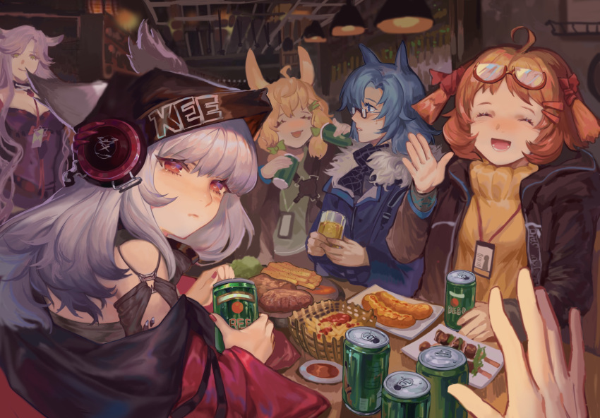 5girls :d ^_^ absurdres ahoge animal_ears arknights bangs bare_shoulders beagle_(arknights) beer_can bingansuan_jiamouren black_headwear black_jacket blonde_hair blue_eyes blue_hair blue_jacket bow can closed_eyes deer_ears eyewear_on_head fang_(arknights) food fox_ears frostleaf_(arknights) fur-trimmed_jacket fur_trim gitano_(arknights) green_bow grey_eyes hair_bow hand_up headphones highres holding holding_can indoors jacket kroos_(arknights) long_hair looking_at_viewer multiple_girls nail_polish off_shoulder open_clothes open_jacket open_mouth pov rabbit_ears red-framed_eyewear red_eyes red_nails silver_hair smile sweater turtleneck turtleneck_sweater very_long_hair yellow_sweater