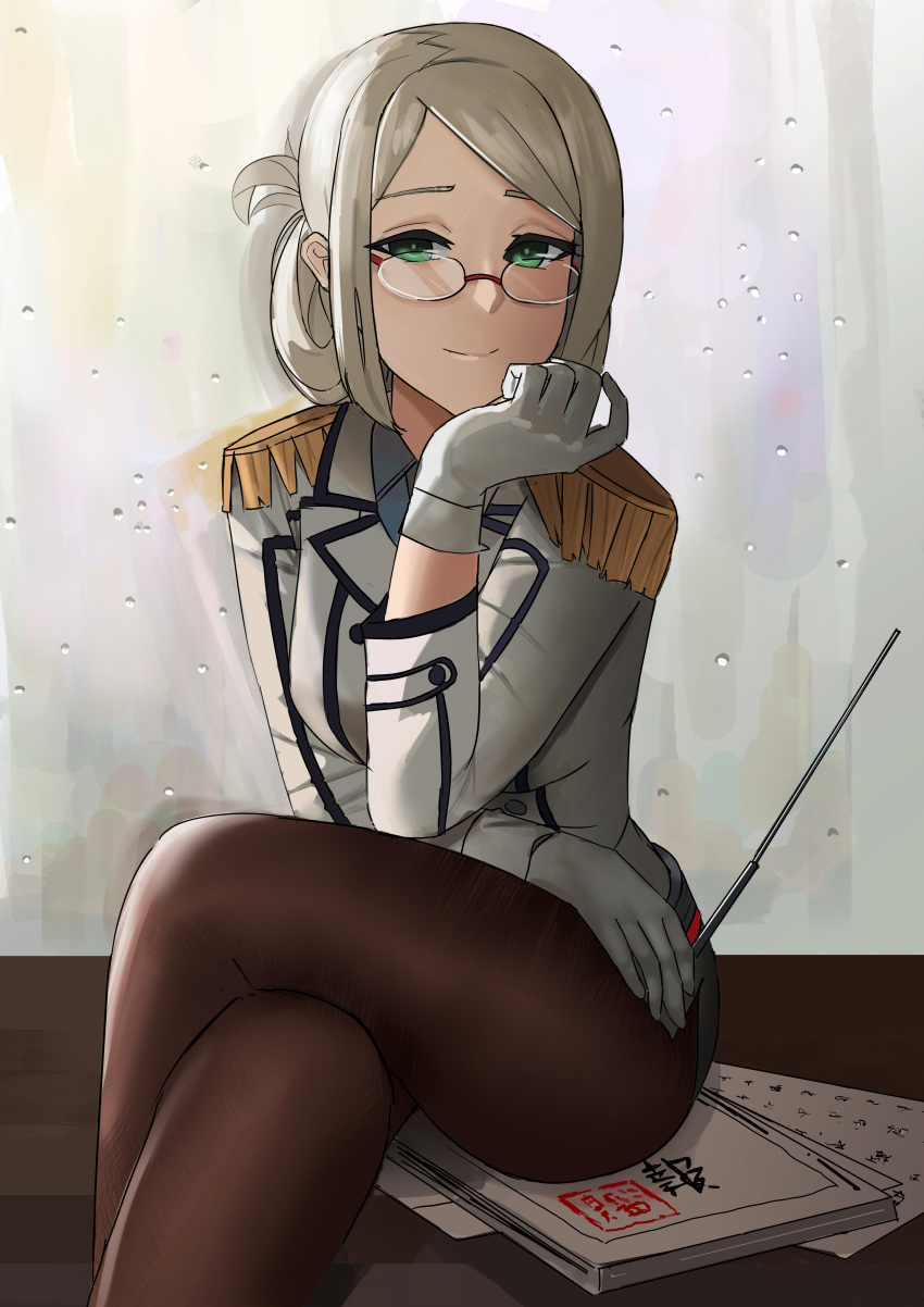 1girl absurdres bangs chin_rest crossed_legs double-breasted epaulettes folded_ponytail glasses gloves green_eyes helmulibh highres kantai_collection katori_(kantai_collection) light_brown_hair light_smile looking_at_viewer military military_uniform pantyhose pointer riding_crop rimless_eyewear solo swept_bangs uniform white_gloves window