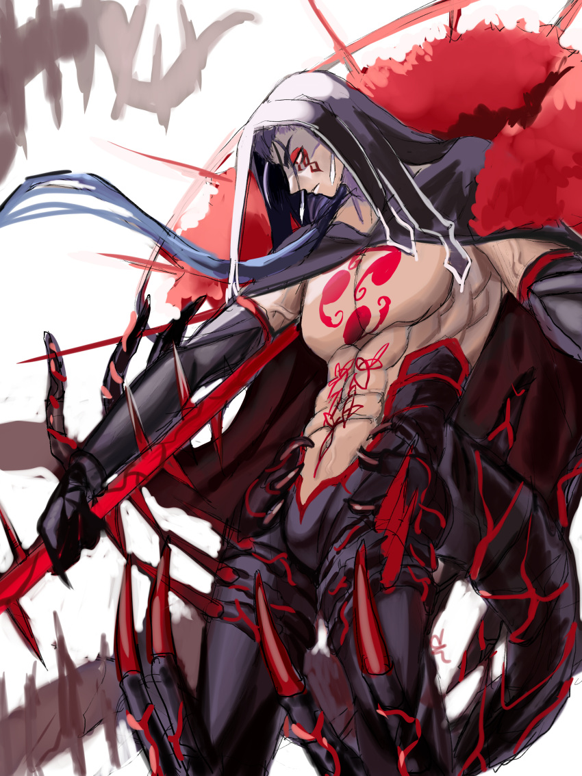 1boy abs absurdres asakou_(n_morninglight) bare_chest black_bodysuit black_gloves blue_hair bodysuit chest_tattoo cowboy_shot cu_chulainn_(fate)_(all) cu_chulainn_alter_(fate/grand_order) earrings elbow_gloves expressionless fate/grand_order fate_(series) gae_bolg gloves hair_over_shoulder hair_strand highres holding holding_spear holding_weapon hood jewelry long_hair looking_away male_focus monster_boy muscle polearm profile red_eyes simple_background solo spear spikes standing tail tattoo veins weapon white_background