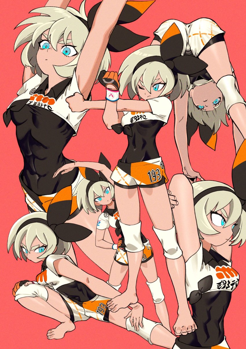 1girl abs aqua_eyes arms_up barefoot bea_(pokemon) black_bodysuit black_hairband bodysuit bodysuit_under_clothes bow_hairband collared_shirt covered_navel gloves grey_hair gym_leader hair_between_eyes hairband highres kazu_884 multiple_views one_eye_closed pink_background pokemon pokemon_(game) pokemon_swsh print_shorts shirt short_hair short_sleeves shorts simple_background single_glove stretch tied_shirt two-tone_gloves