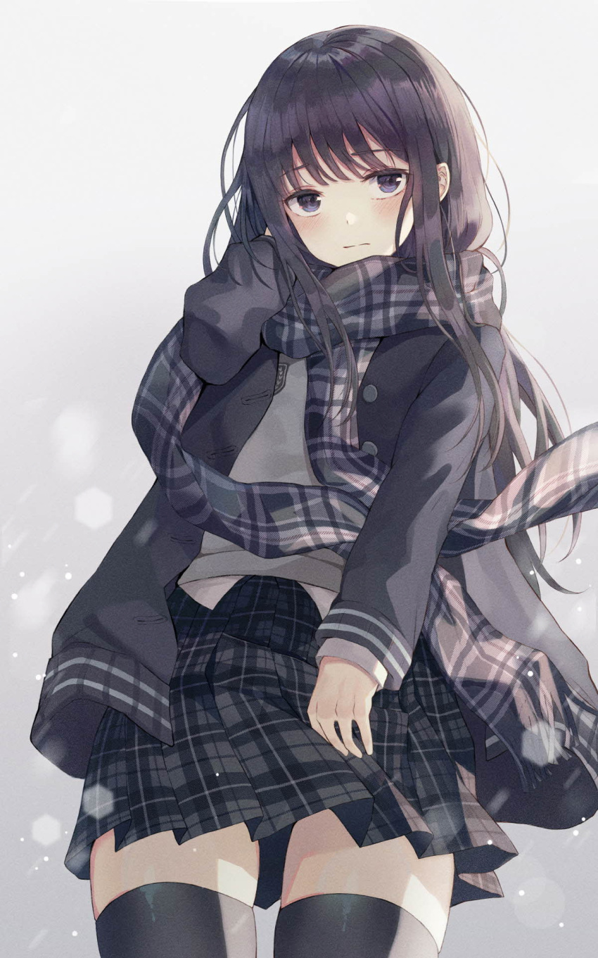 1girl black_eyes black_hair black_jacket black_legwear black_skirt blush borrowed_character closed_mouth eyebrows_visible_through_hair frown grey_shirt highres jacket long_hair looking_at_viewer original plaid plaid_skirt pleated_skirt scarf school_uniform shirt sidelocks simple_background skirt standing thigh-highs thighs uniform violet_eyes white_background yuaki_1004