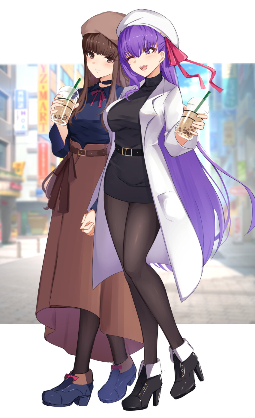 2girls absurdres alternate_costume bangs bb_(fate) belt black_belt black_footwear black_pantyhose blue_footwear blue_shirt blush boots brown_hair brown_headwear brown_skirt bubble_tea closed_mouth coat commission fate/extra fate/extra_ccc fate_(series) full_body hair_ribbon high_heel_boots high_heels highres holding_hands kishinami_hakuno_(female) long_sleeves multiple_girls open_mouth pantyhose pnatsu purple_hair red_ribbon ribbon shirt skeb_commission skirt smile thighs violet_eyes white_coat white_headwear yuri
