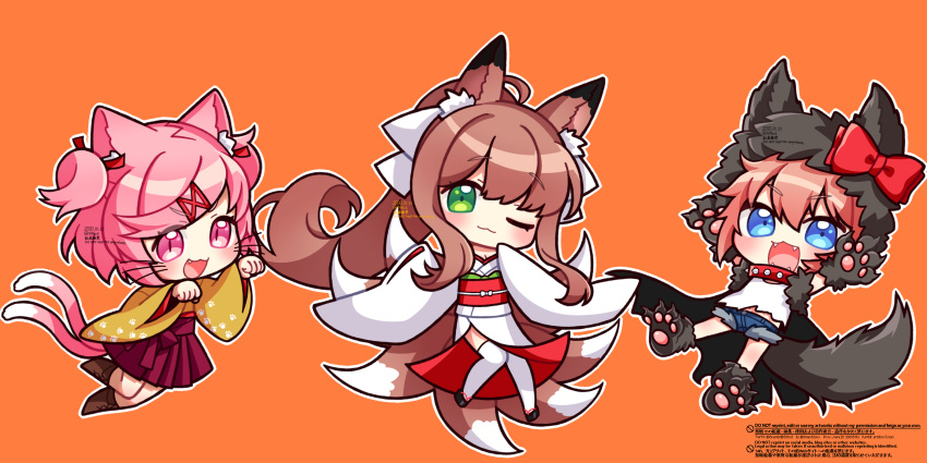 3girls :3 :d ;3 animal_ears bangs blue_eyes bow brown_hair cat_ears cat_tail chibi collar commentary_request dated doki_doki_literature_club eyebrows_visible_through_hair fang fangs fox_ears fox_tail gloves green_eyes hair_between_eyes hair_bow hair_ribbon highres japanese_clothes kemonomimi_mode kimono kyuubi long_hair looking_at_viewer monika_(doki_doki_literature_club) multiple_girls multiple_tails nan_(gokurou) natsuki_(doki_doki_literature_club) obi one_eye_closed open_mouth orange_background outline paw_gloves paw_pose paws pink_eyes pink_hair ponytail red_bow red_ribbon ribbon sash sayori_(doki_doki_literature_club) short_hair simple_background smile spiked_collar spikes swept_bangs tail two_side_up two_tails watermark whiskers white_outline wide_sleeves wolf_ears wolf_tail